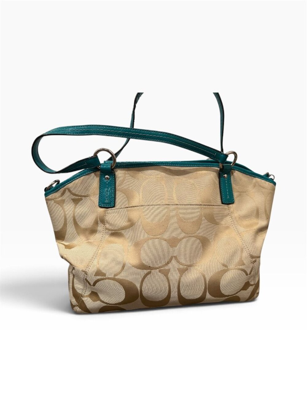 COACH Signature Stripe Zip Top Tote Khaki and Teal Canvas Bag F21899 Y2K - Picture 2 of 6